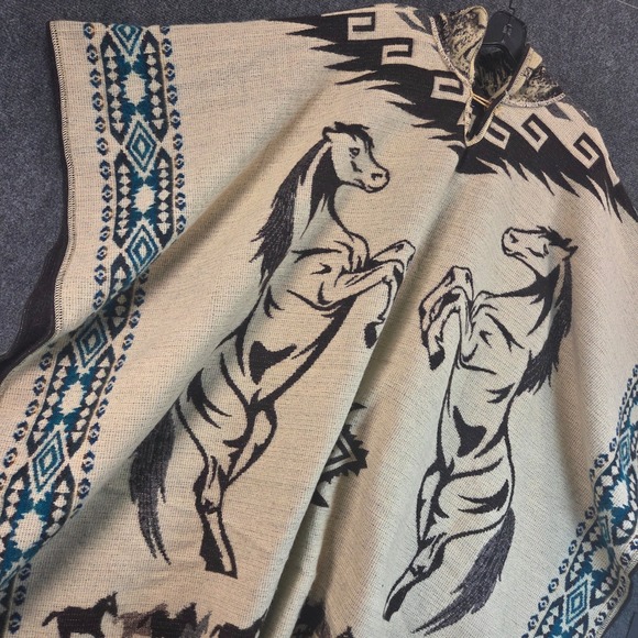Southwestern Horse Hooded Poncho Blanket Shawl Fringe Cape Western Aztec Boho - Picture 15 of 16